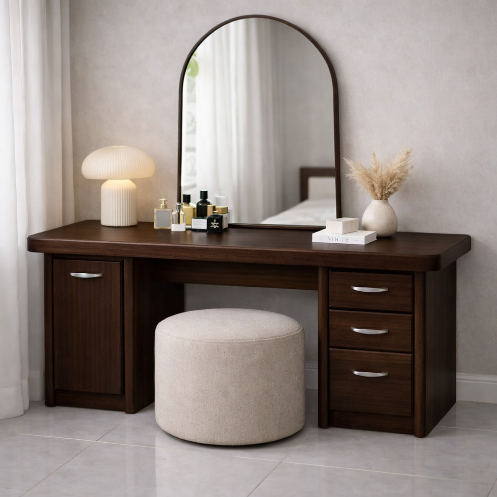 Solid Wood Makeup Vanity Desk with Side Cabinet and 3 Drawers, Modern Wooden Dressing Table