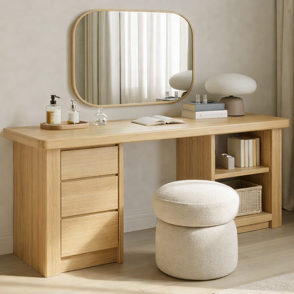 Solid Wood Makeup Vanity Desk – Minimalist Dressing Table with Drawers & Open Shelf