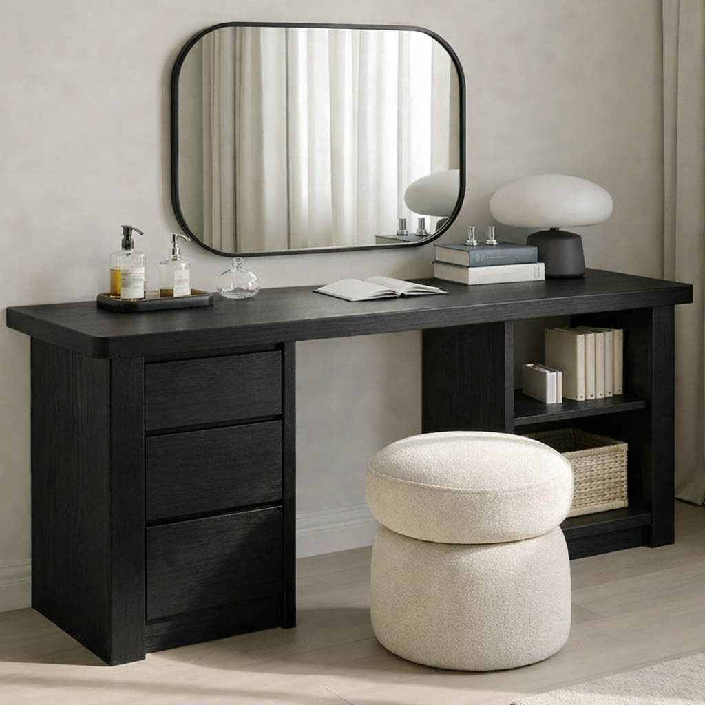 Solid Wood Makeup Vanity Desk – Minimalist Dressing Table with Drawers & Open Shelf