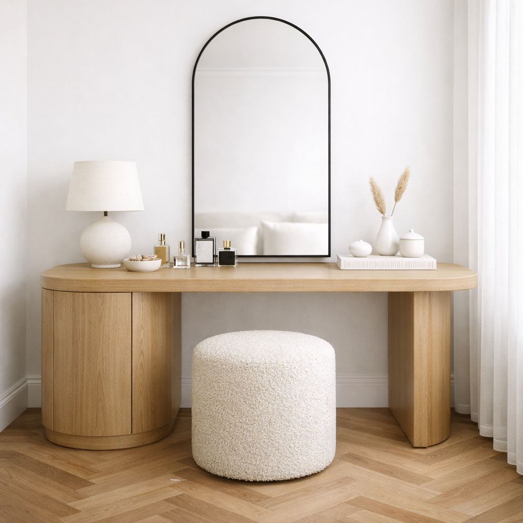 Solid Wood Makeup Vanity Desk with Curved Side Cabinet and Rounded Leg