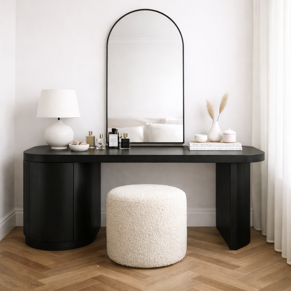 Solid Wood Makeup Vanity Desk with Curved Side Cabinet and Rounded Leg