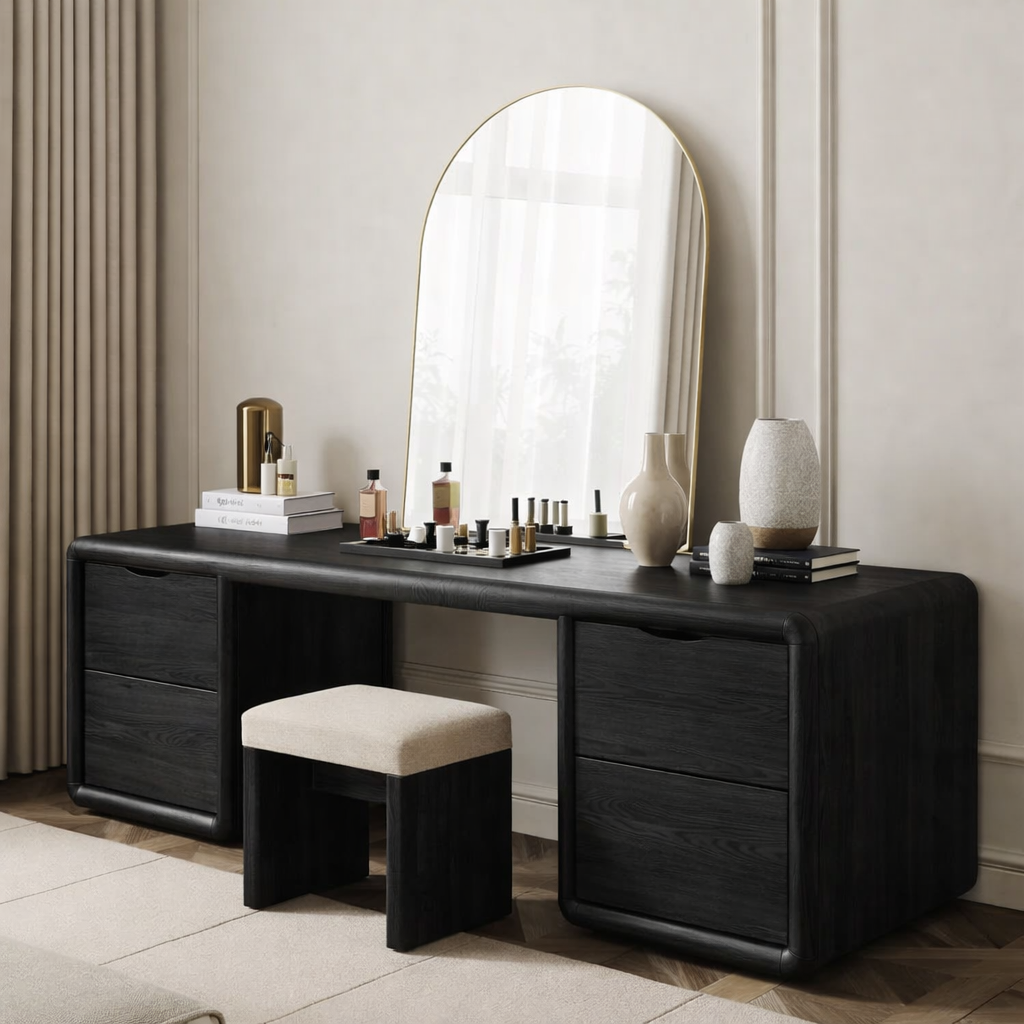Solid Wood Makeup Vanity Desk with 4 Drawers, Rounded Waterfall Wooden Dressing Table