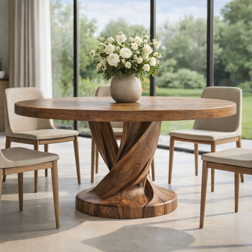 Round Solid Wood Dining Table with Sculptural Twisted Pedestal Base