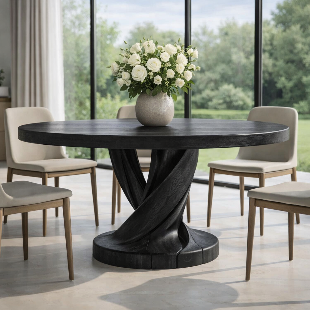 Round Solid Wood Dining Table with Sculptural Twisted Pedestal Base