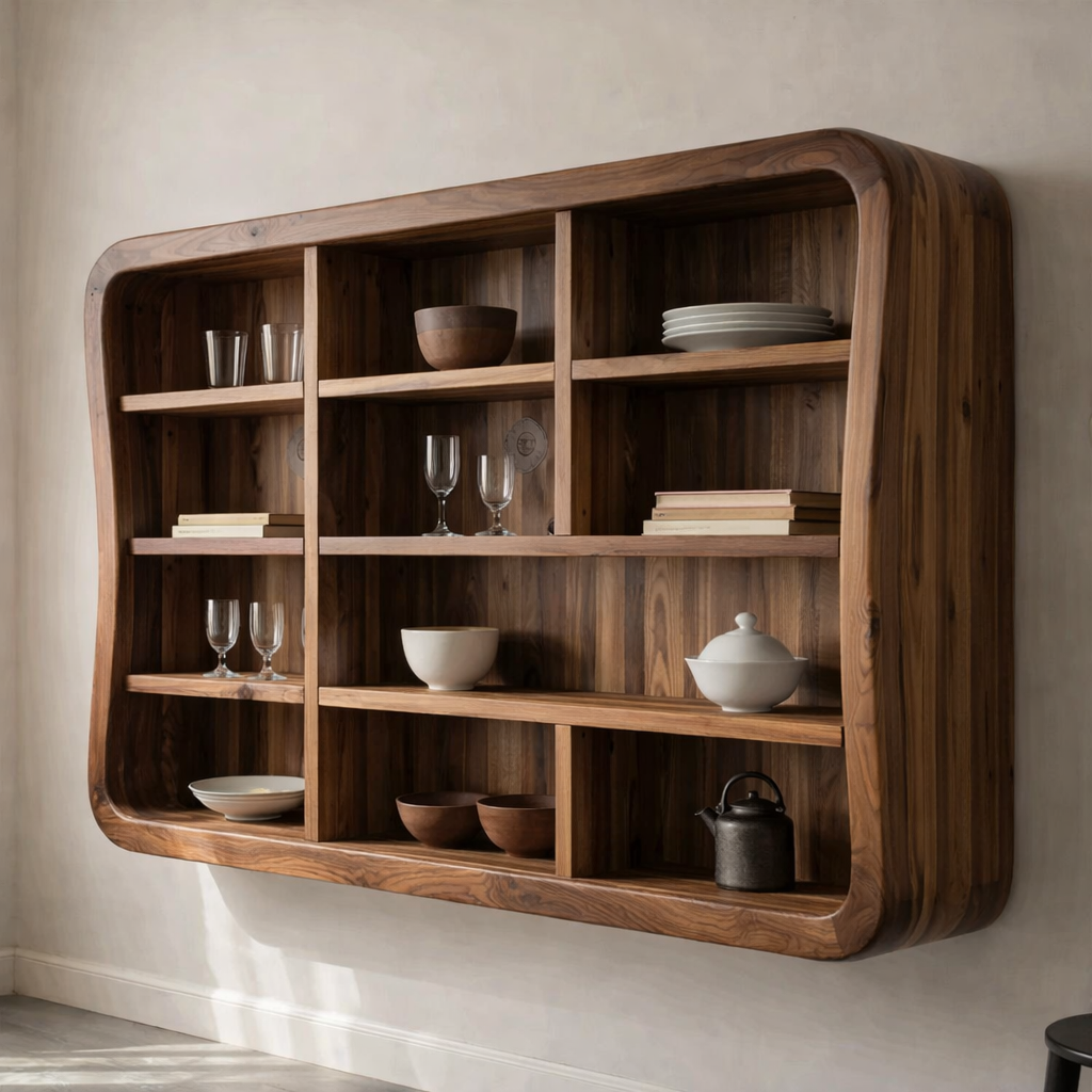 Solid Wood Kitchen Cabinet Shelf – Curved Floating Wall Storage Unit