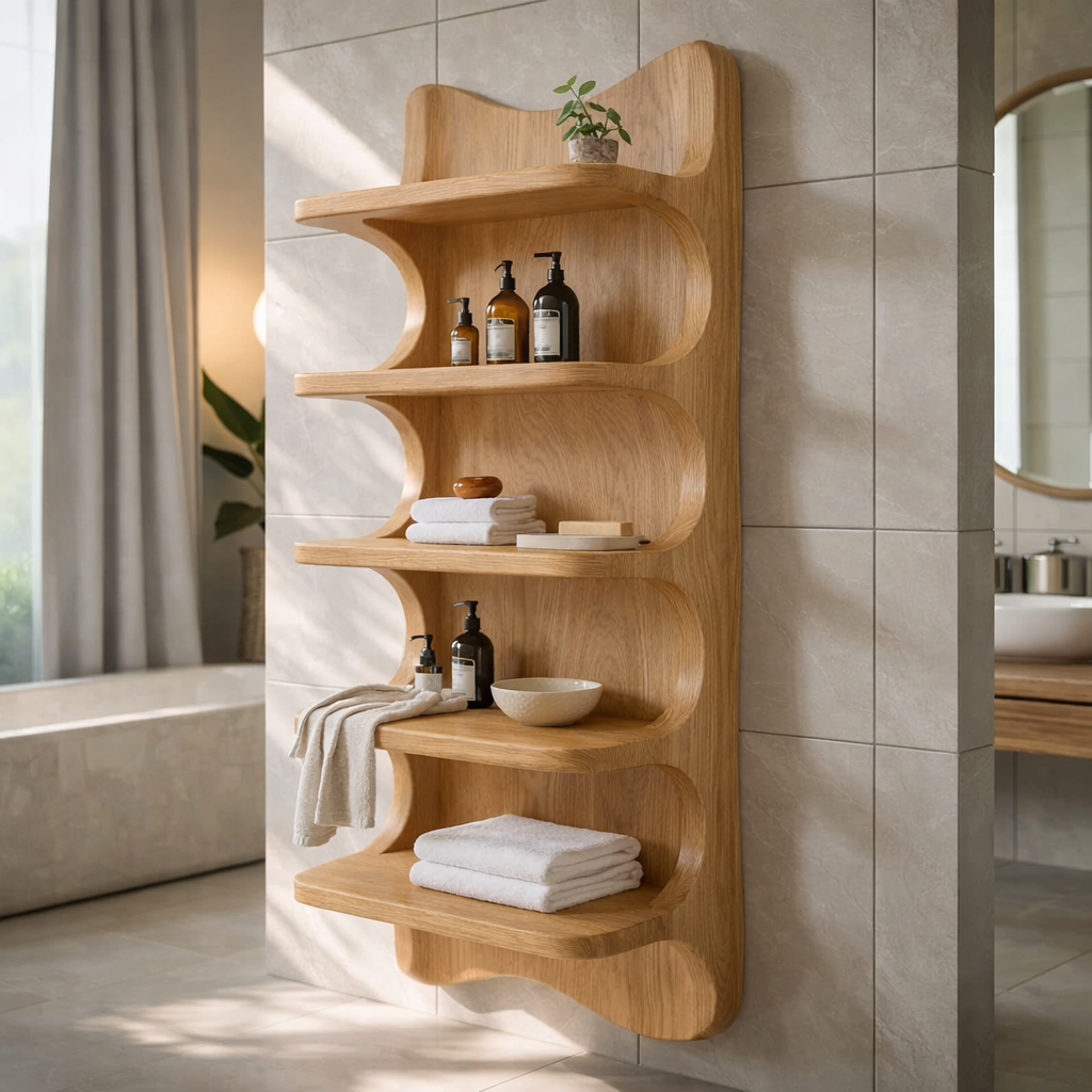 Solid Wood Wall Mounted Bathroom Shelf – Curved Storage Cabinet, Modern Floating Organizer