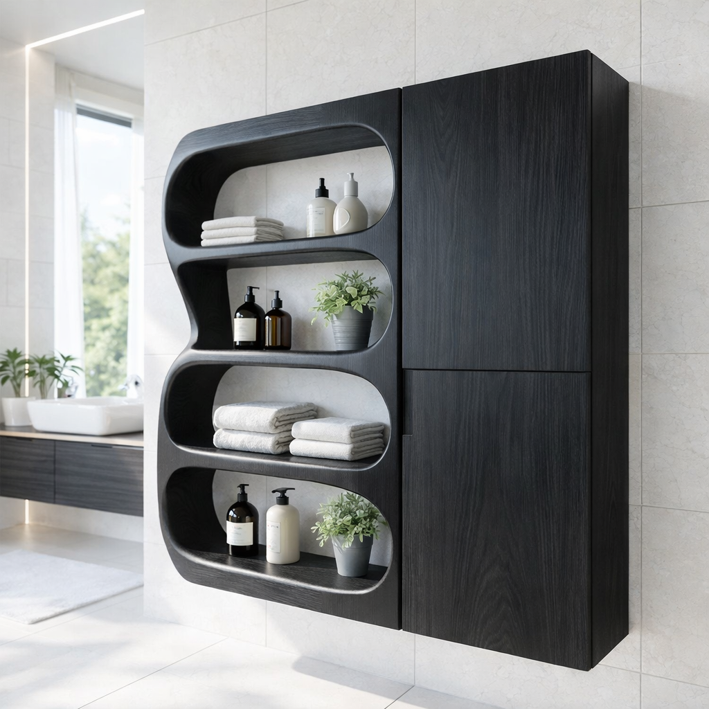 Solid Wood Floating Bathroom Cabinet with Curved Open Shelves & Storage Door