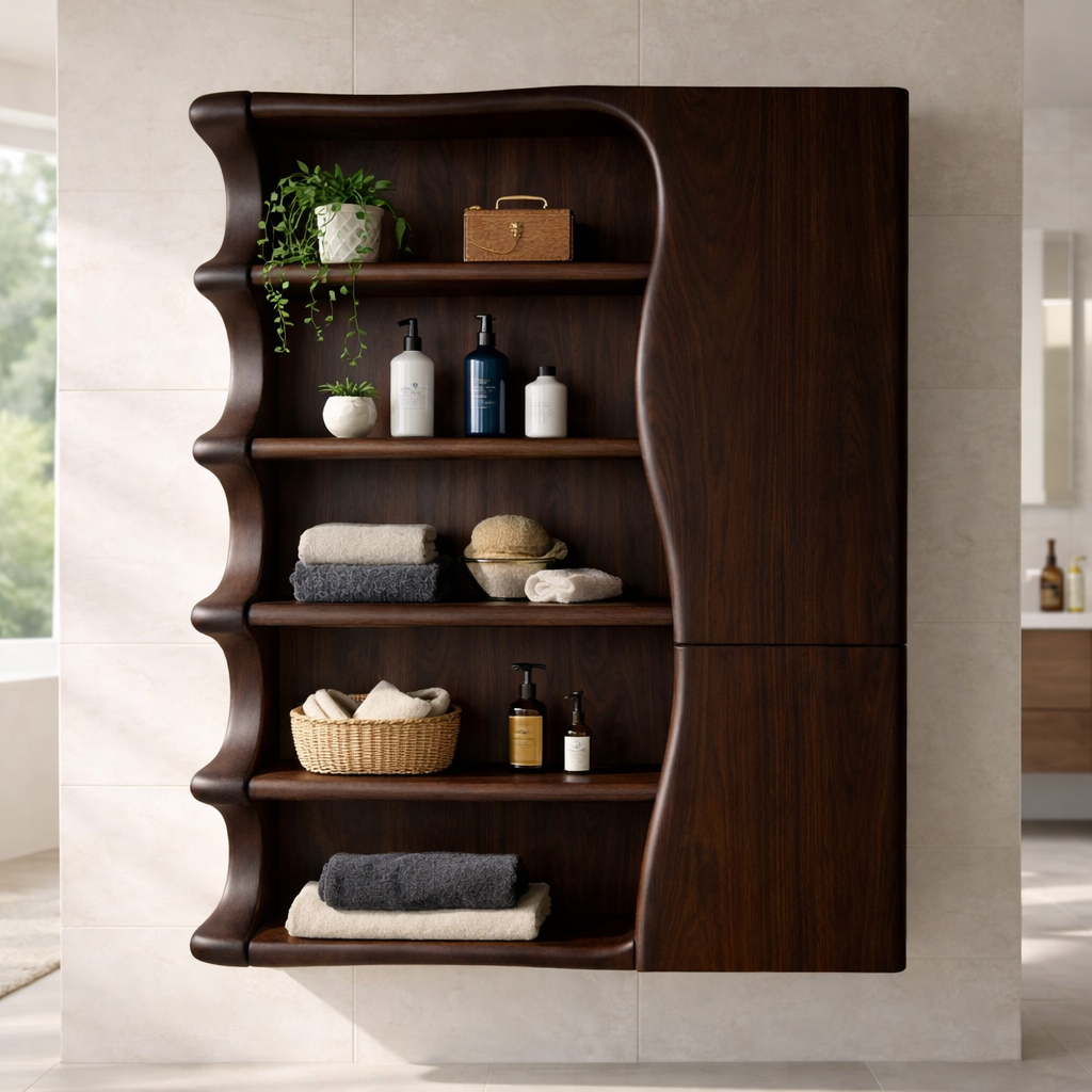 Solid Wood Floating Bathroom Cabinet with Wave Edge Shelves & Storage Door