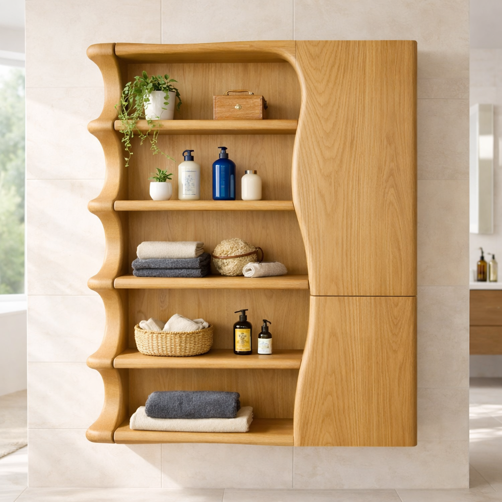 Solid Wood Floating Bathroom Cabinet with Wave Edge Shelves & Storage Door