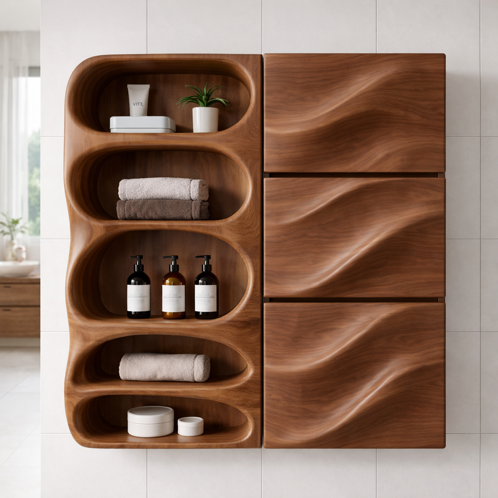 Solid Wood Bathroom Storage Cabinet with Wave Doors – Modern Wall Mounted Organizer