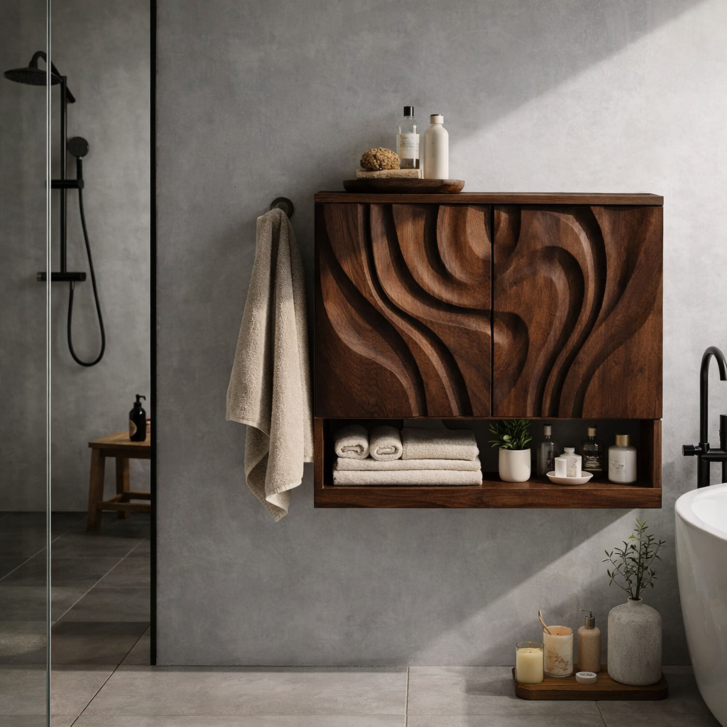Solid Wood Floating Bathroom Vanity Cabinet with Sculptural Wave Doors