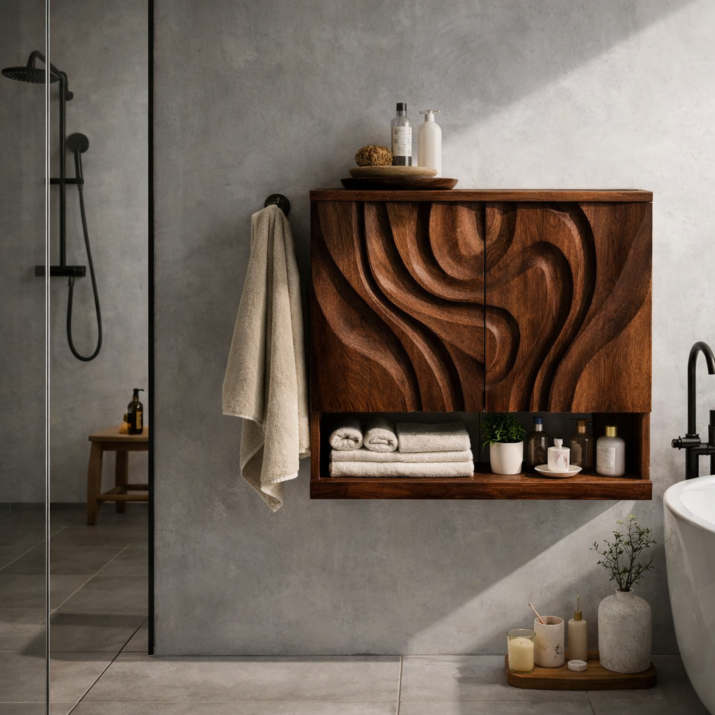 Solid Wood Floating Bathroom Vanity Cabinet with Sculptural Wave Doors