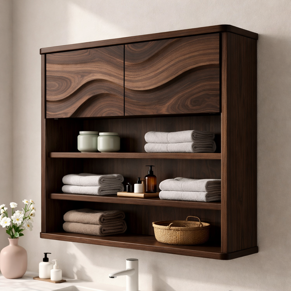 Solid Wood Bathroom Cabinet with Open Shelves & Wave Doors – Modern Wall Mounted Storage
