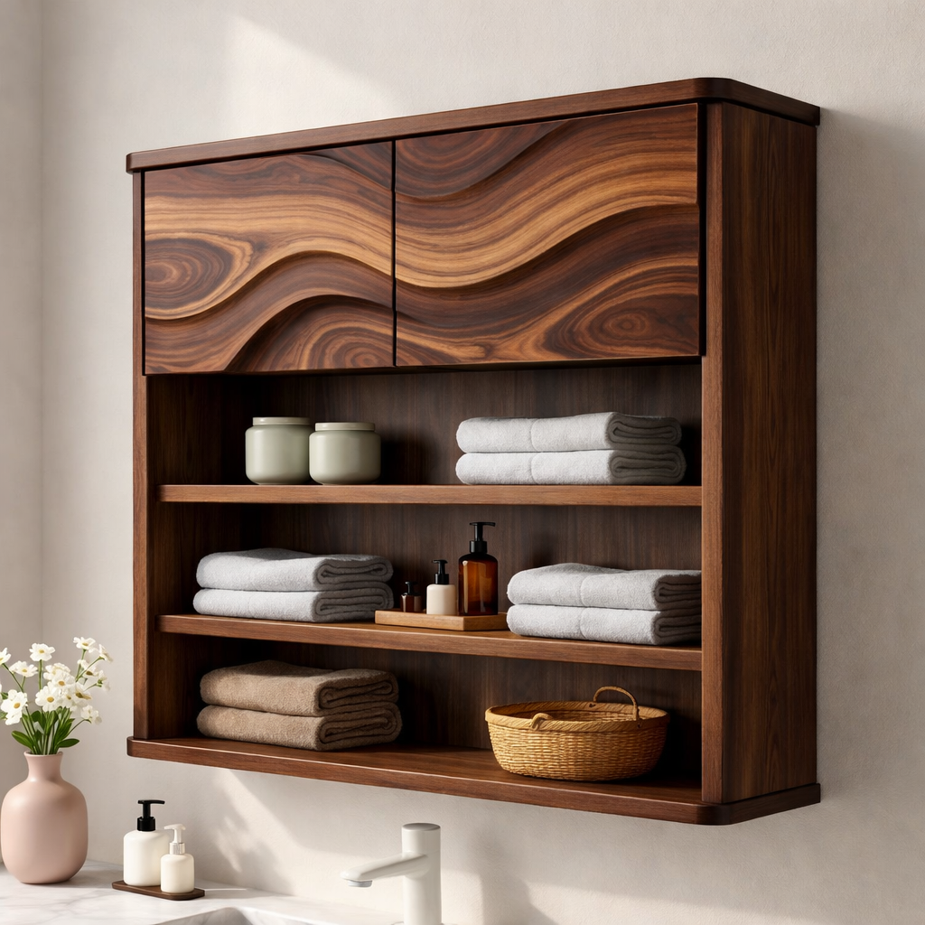 Solid Wood Bathroom Cabinet with Open Shelves & Wave Doors – Modern Wall Mounted Storage