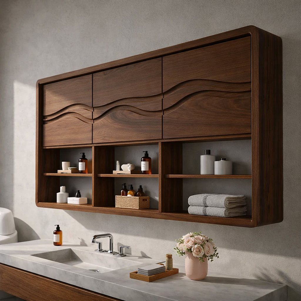 Solid Wood Bathroom Cabinet with Wave Carved Doors & Open Shelving Storage