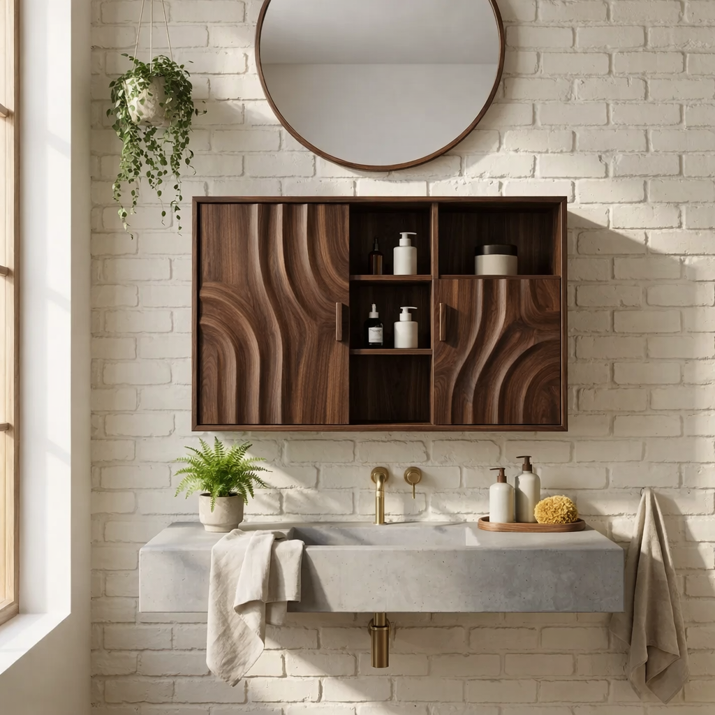 Solid Wood Floating Bathroom Cabinet with Wave Doors & Open Shelving