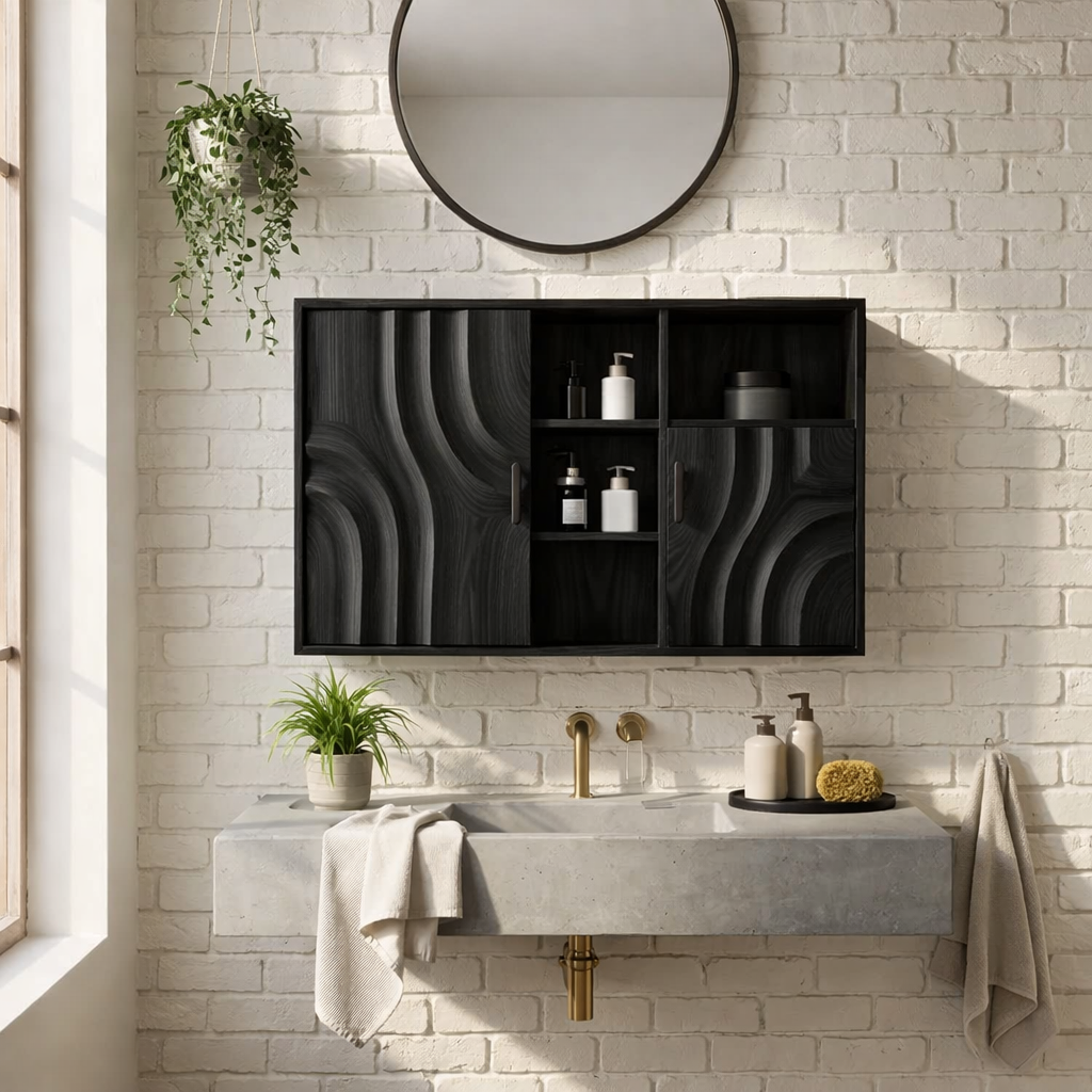 Solid Wood Floating Bathroom Cabinet with Wave Doors & Open Shelving