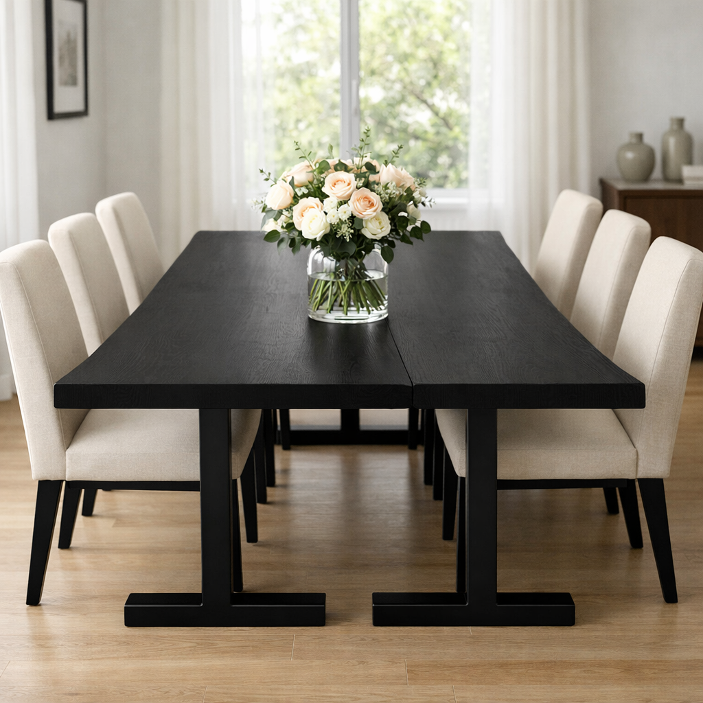 Solid Wood Dining Table with Black Metal Legs Modern Industrial Style