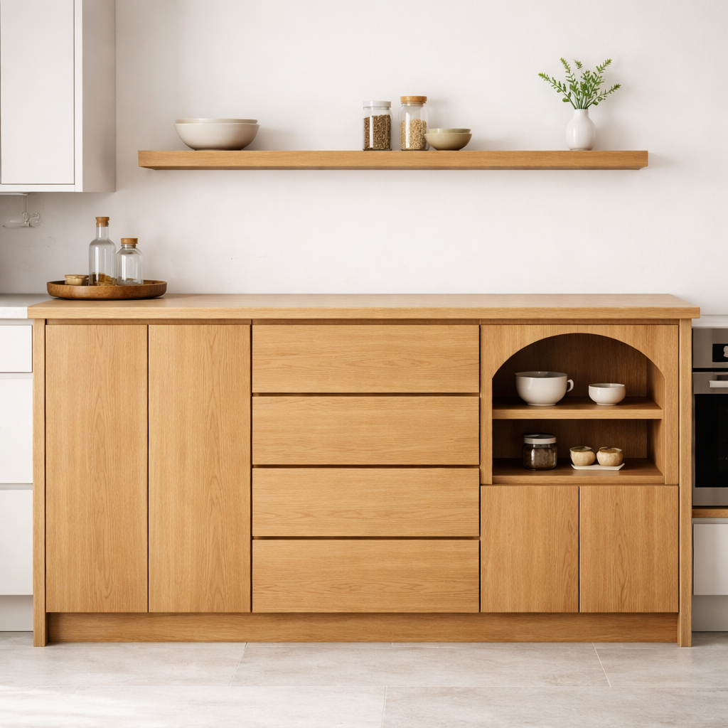 Solid Walnut Kitchen Island with Drawers, Doors & Arched Open Shelf