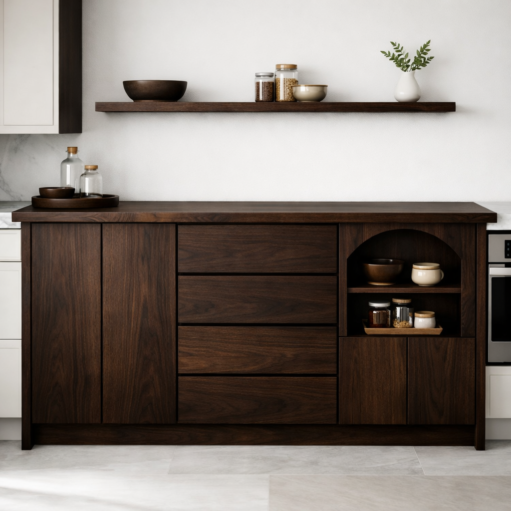 Solid Walnut Kitchen Island with Drawers, Doors & Arched Open Shelf