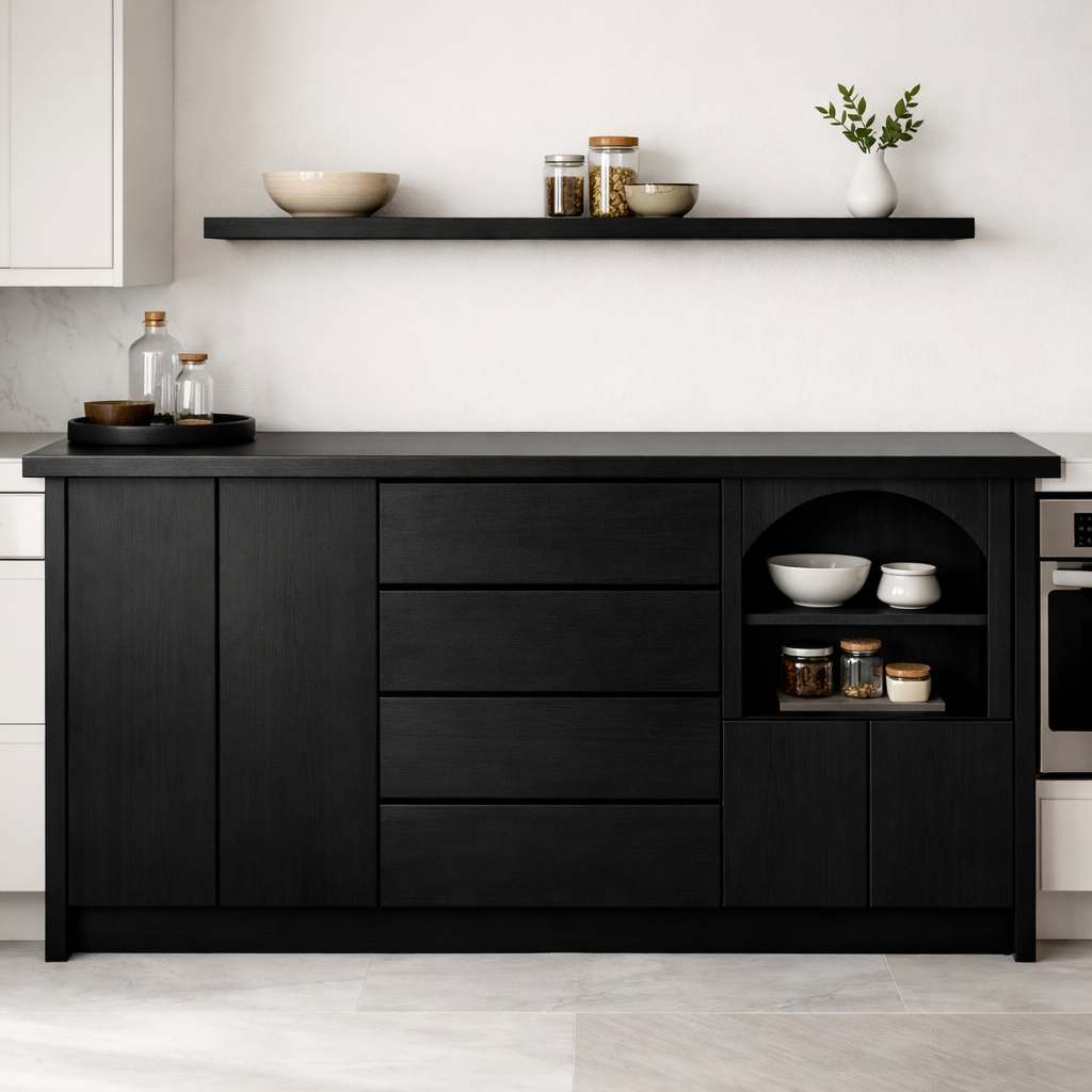 Solid Walnut Kitchen Island with Drawers, Doors & Arched Open Shelf