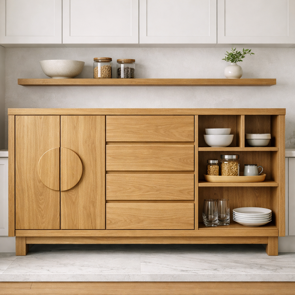 Solid Oak Kitchen Island with Round Handle Doors & Open Shelf Storage