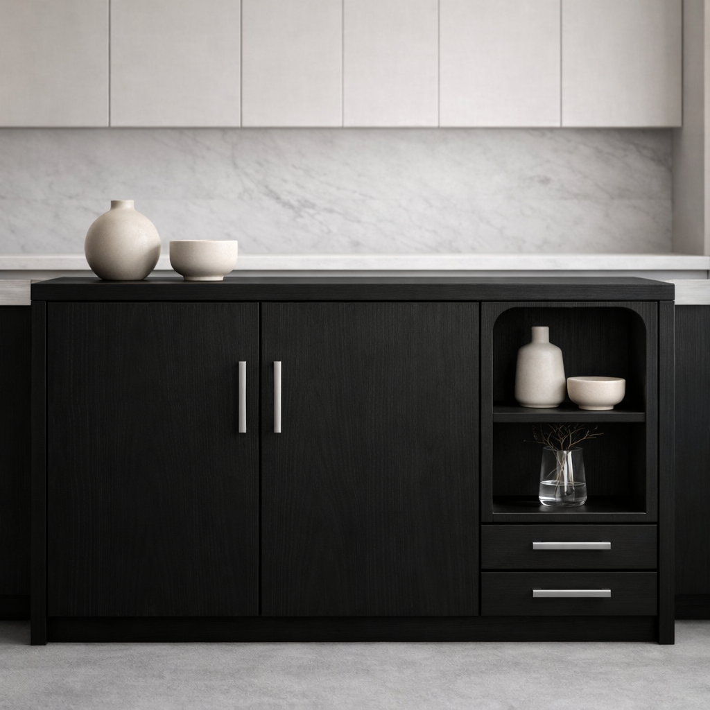 Solid Walnut Kitchen Island with Double Doors, Open Shelf & Drawer Storage