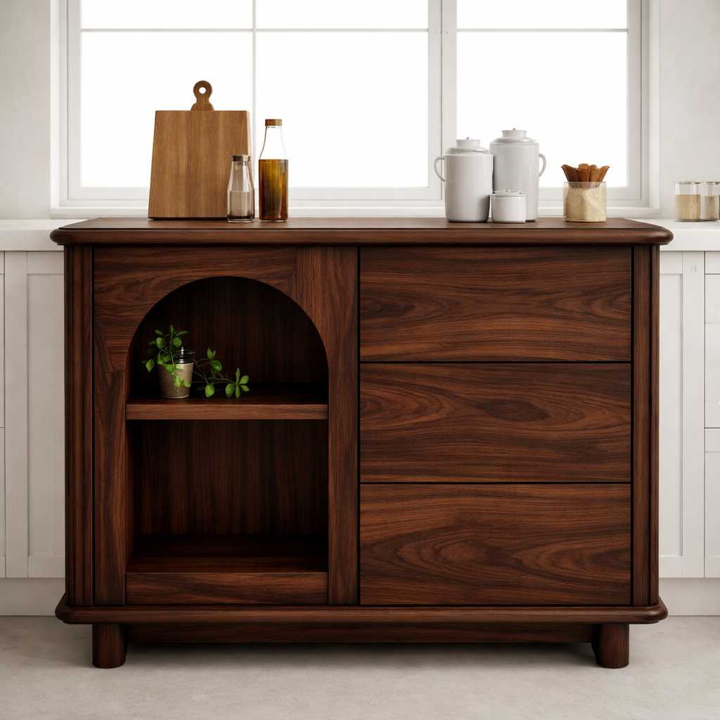Solid Walnut Kitchen Island with Arched Open Shelf & Drawer Storage