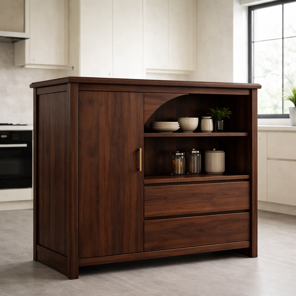 Solid Oak Kitchen Island with Arched Open Shelf & Drawer Storage