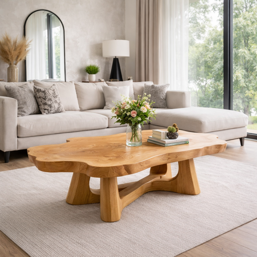 Solid Wood Live Edge Coffee Table with Sculptural Base and Organic Curved Design
