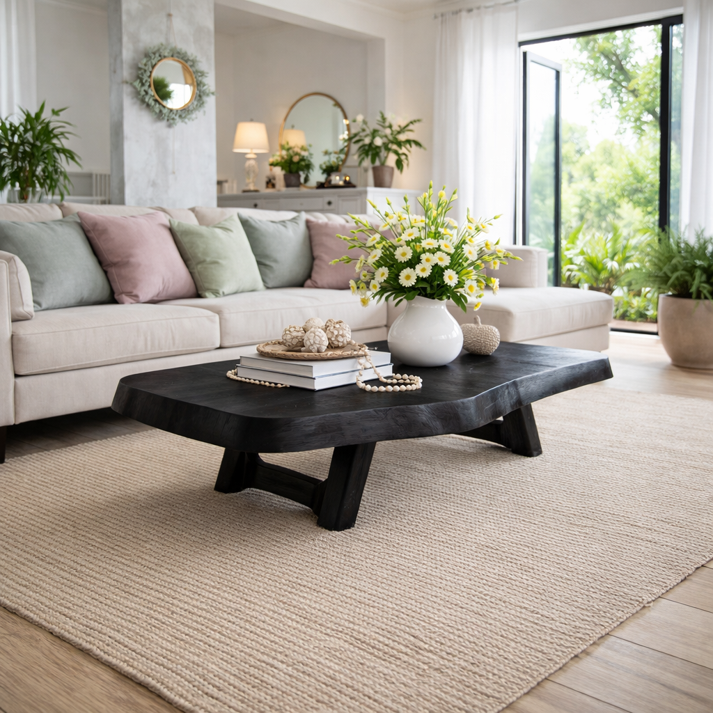 Solid Wood Coffee Table with Live Edge Top and Sculptural Base