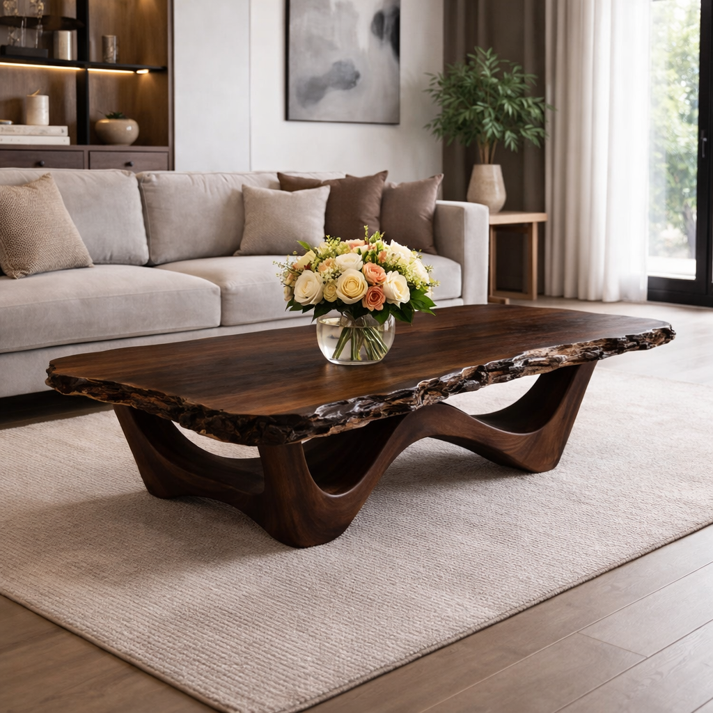 Live Edge Solid Wood Coffee Table with Sculptural Base and Natural Grain