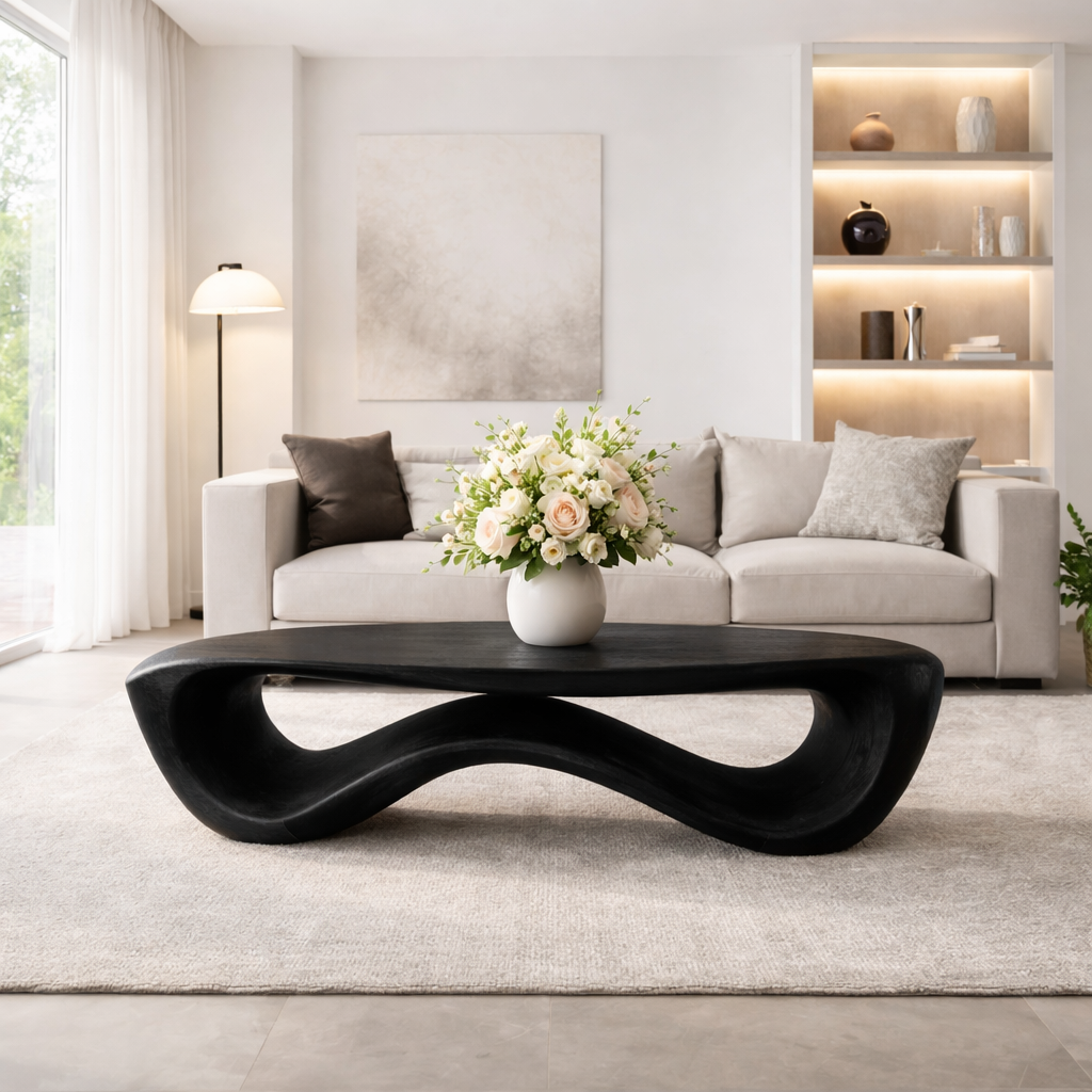 Organic Solid Wood Coffee Table with Sculptural Wave Base and Natural Finish