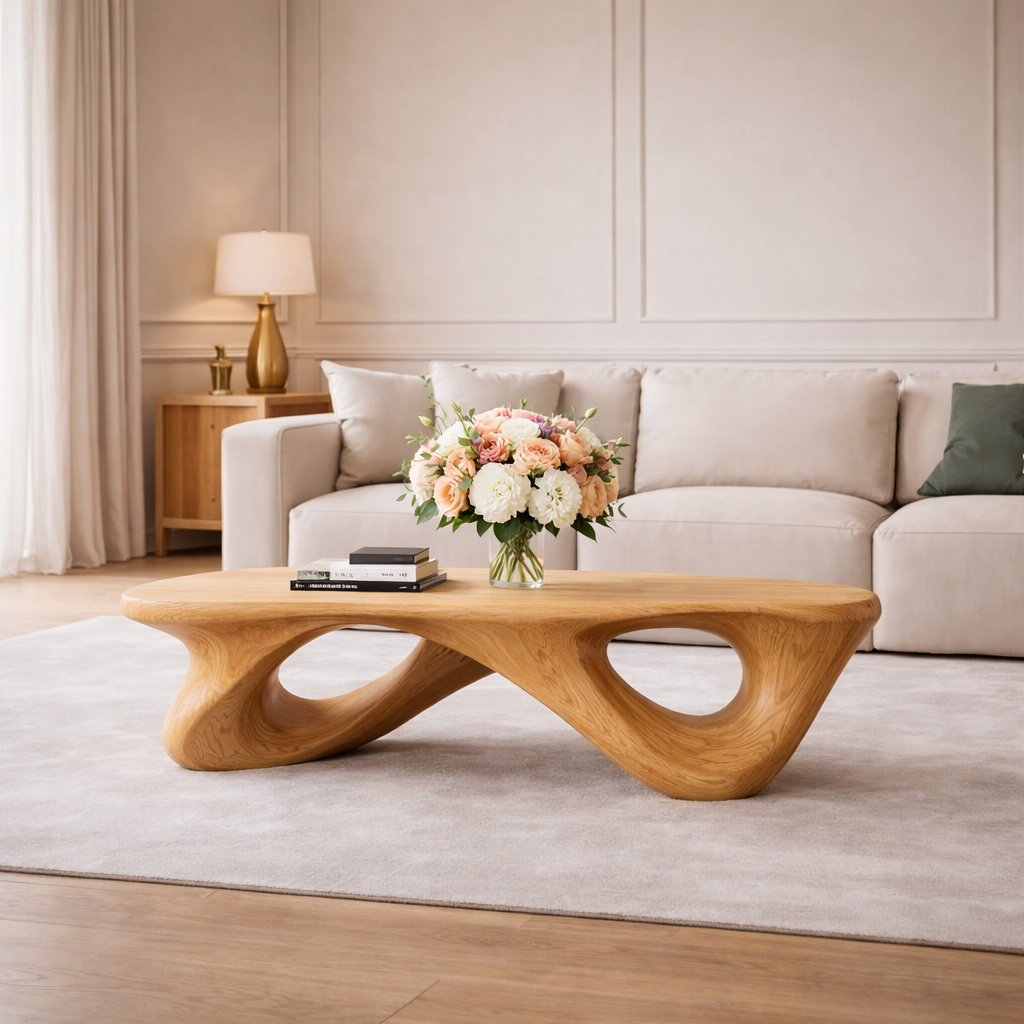 Handcrafted Solid Wood Coffee Table with Sculptural Open Loop Base
