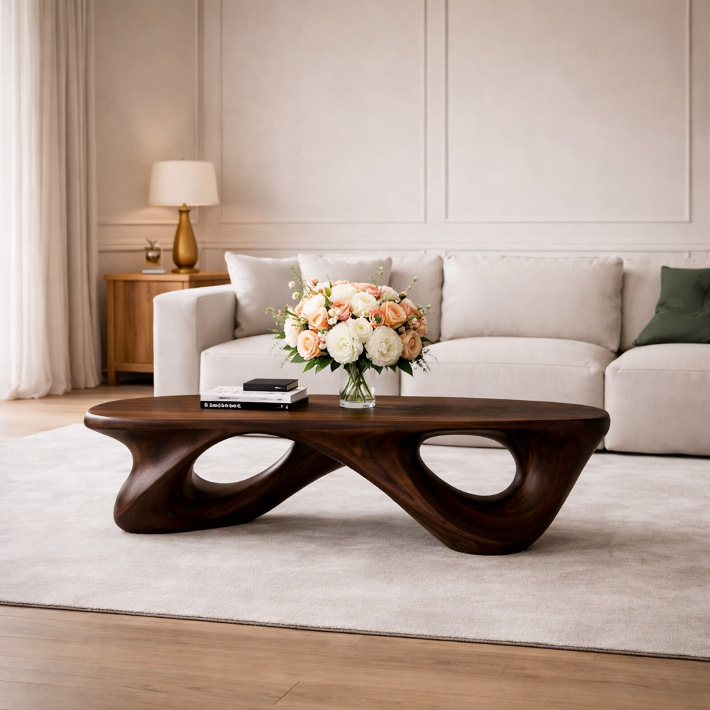 Handcrafted Solid Wood Coffee Table with Sculptural Open Loop Base