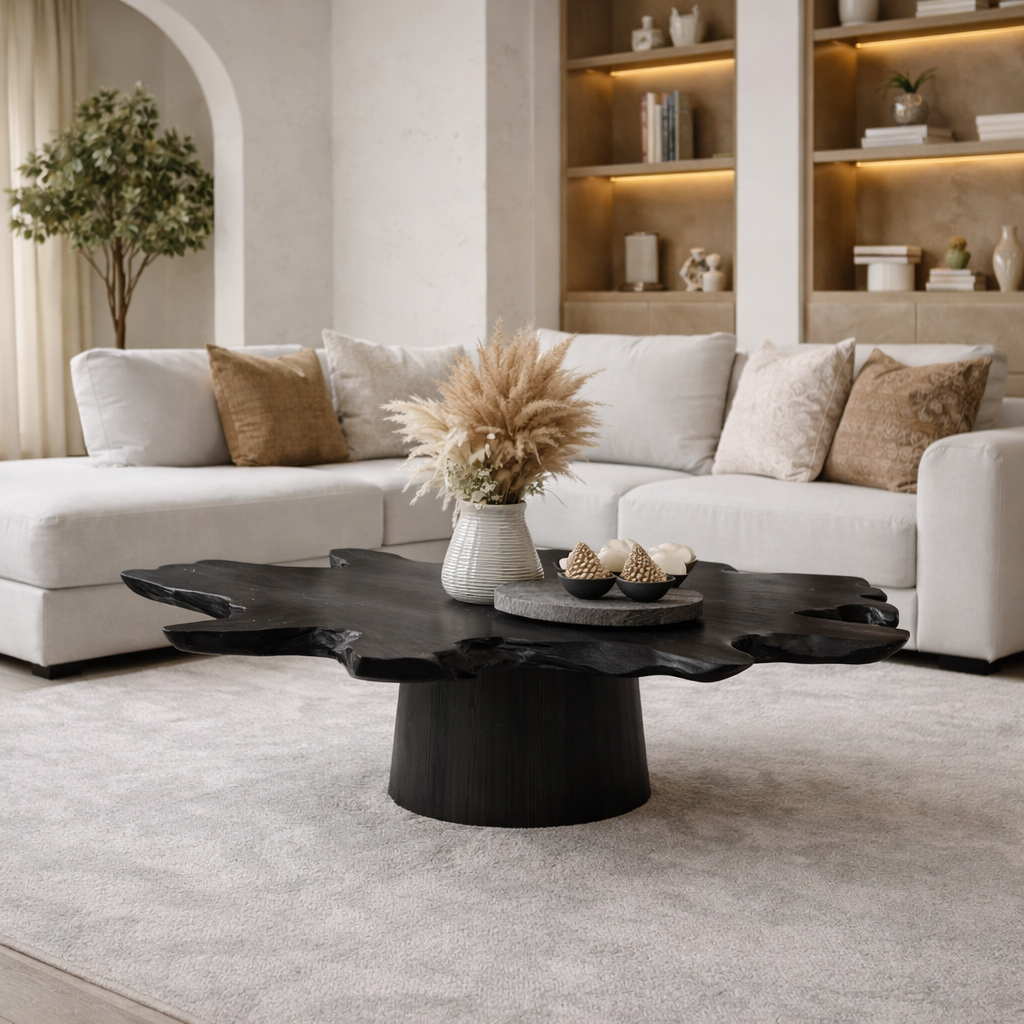 Solid Wood Live Edge Coffee Table with Thick Slab Top & Pedestal Base