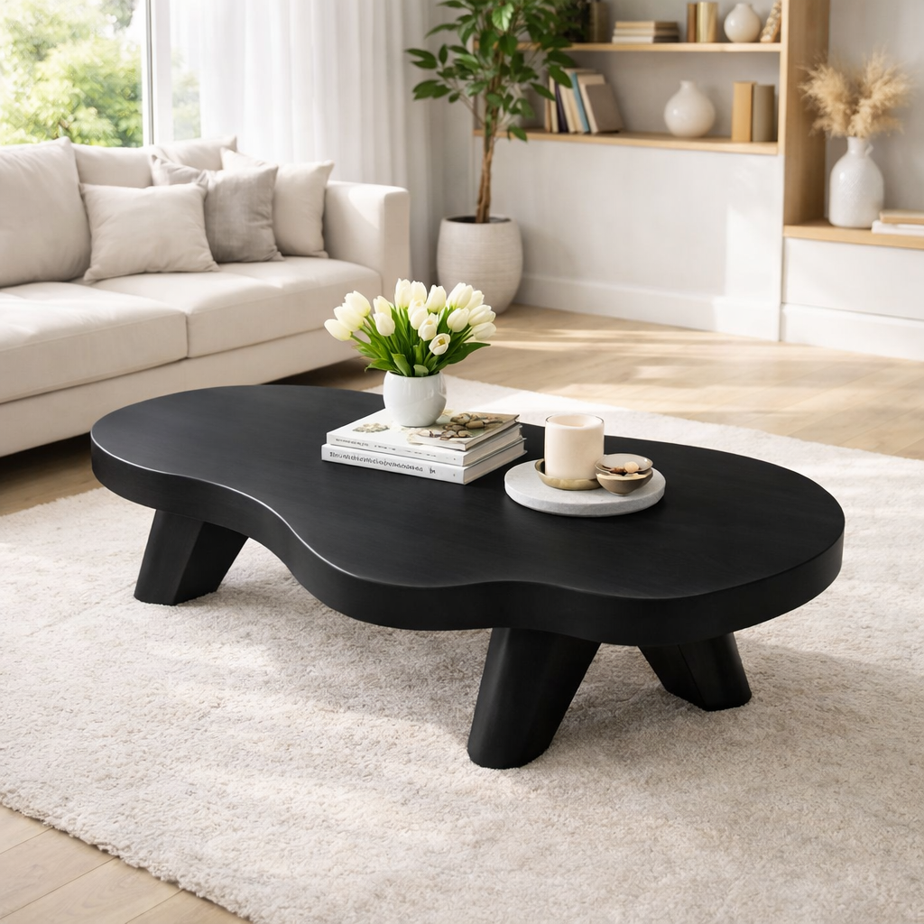 Organic Solid Wood Coffee Table with Sculpted Base and Smooth Curved Top
