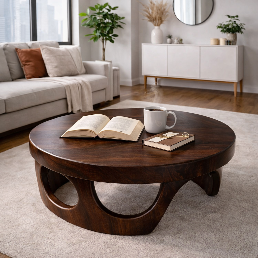 Round Solid Wood Coffee Table with Sculptural Base and Rich Walnut Finish
