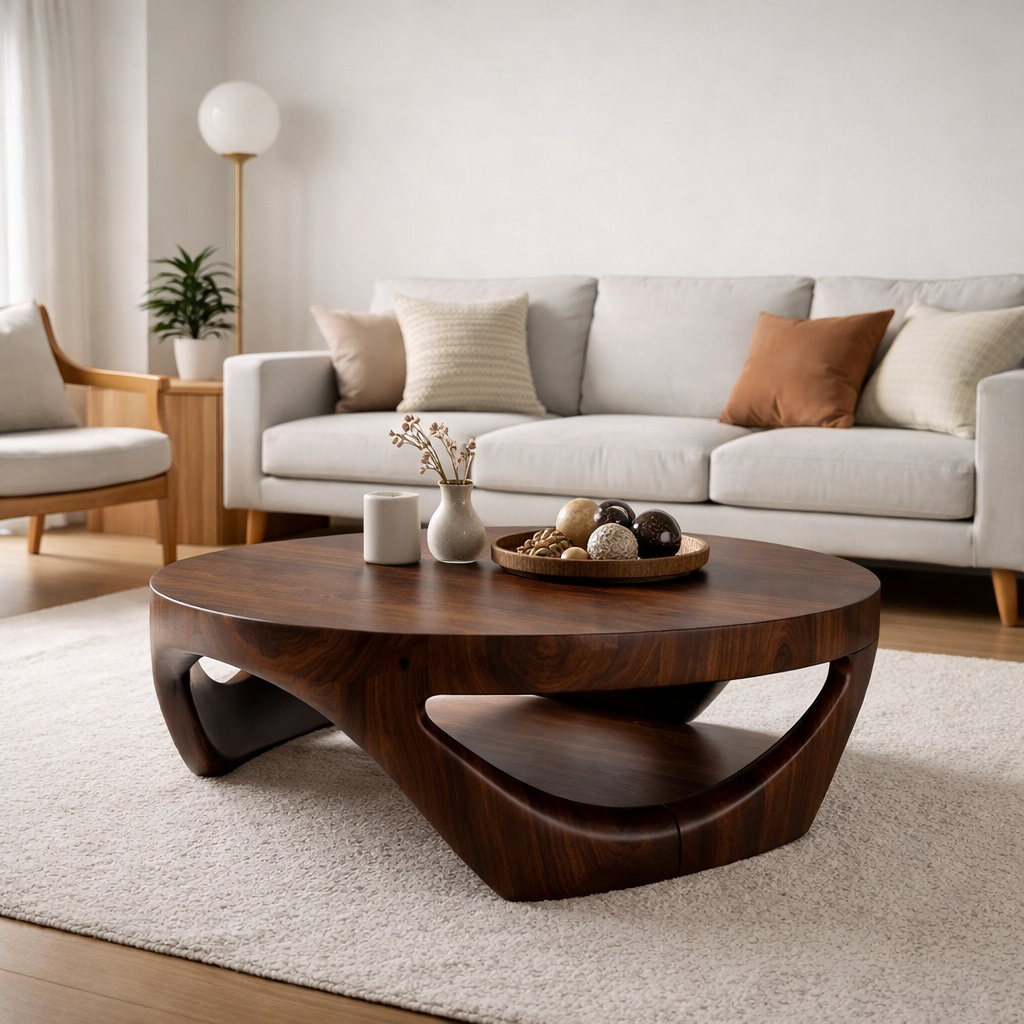 Round Solid Wood Coffee Table with Sculptural Base in Deep Walnut Finish