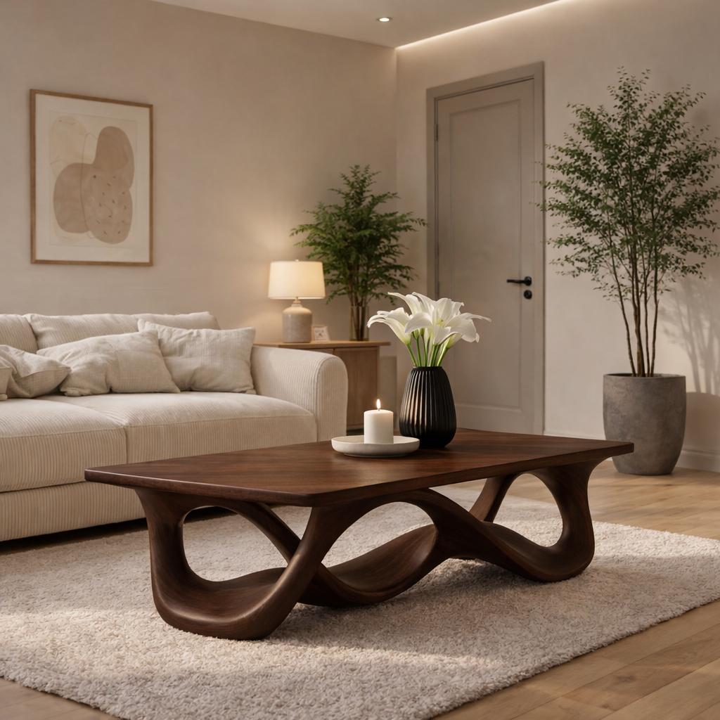 Solid Wood Coffee Table with Sculptural Wave Base in Light Oak Finish