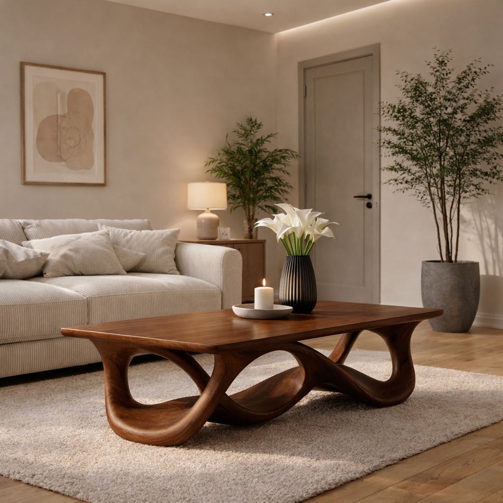 Solid Wood Coffee Table with Sculptural Wave Base in Light Oak Finish