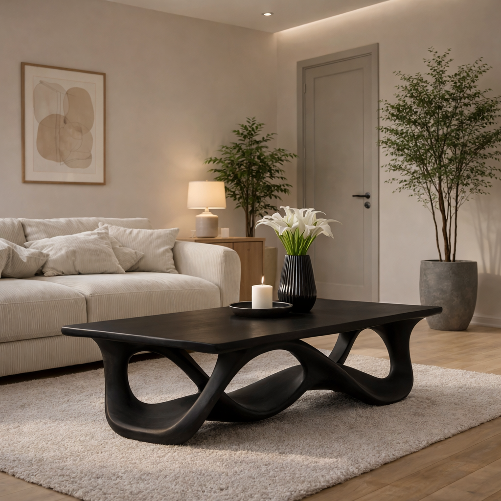 Solid Wood Coffee Table with Sculptural Wave Base in Light Oak Finish