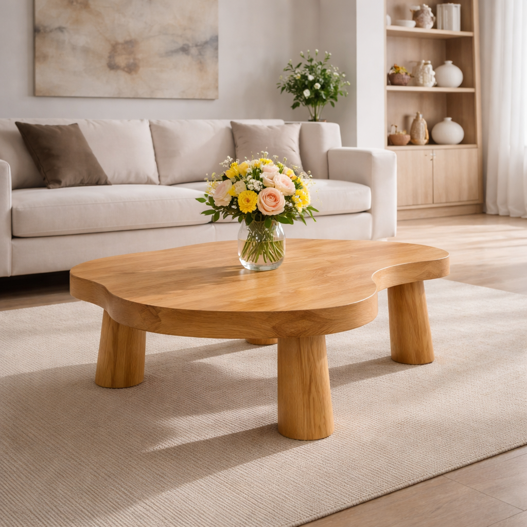 Live Edge Solid Wood Coffee Table with Chunky Legs in Warm Walnut Finish