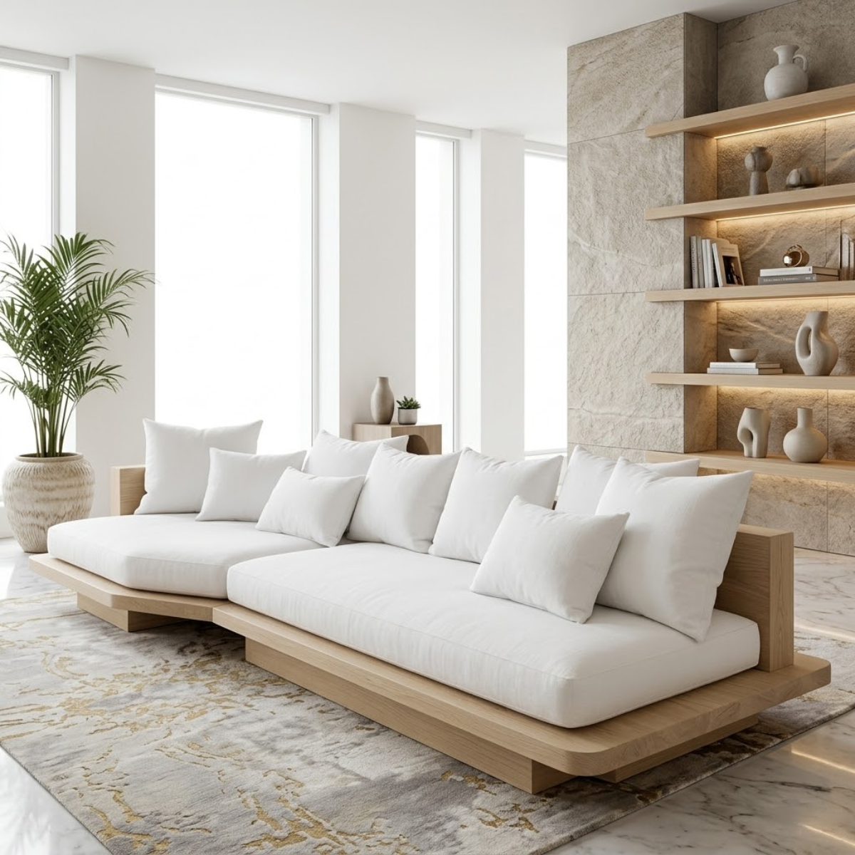 Modern Solid Wood Sofa with White Fabric Cushions Luxury Japandi Living Room Couch
