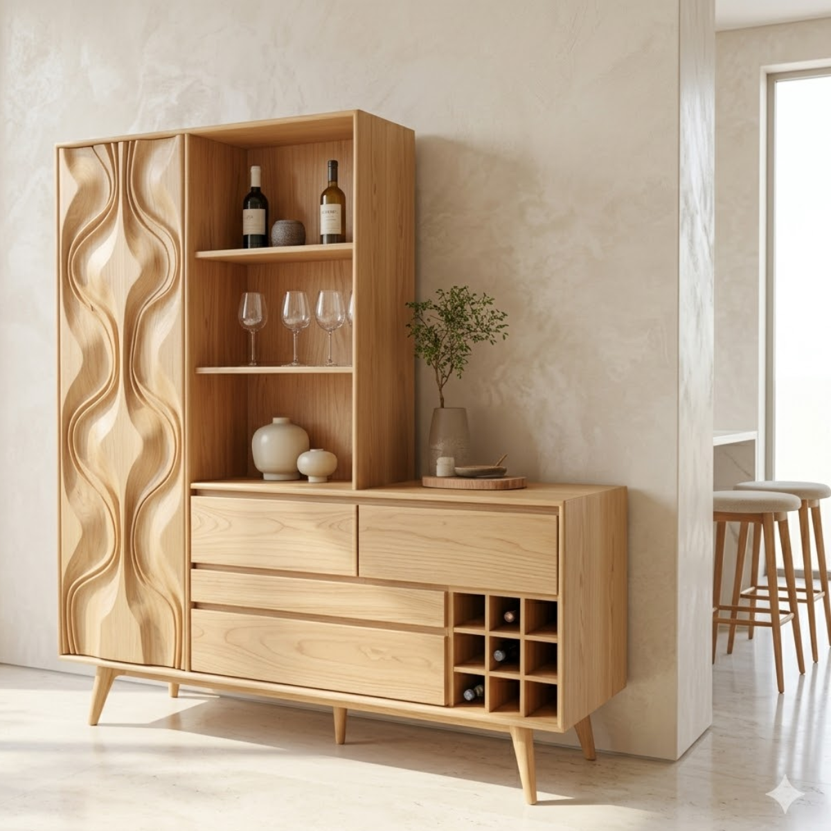 Modern Wine Cabinet Sideboard with Sculpted Door, Open Shelves and Bottle Storage