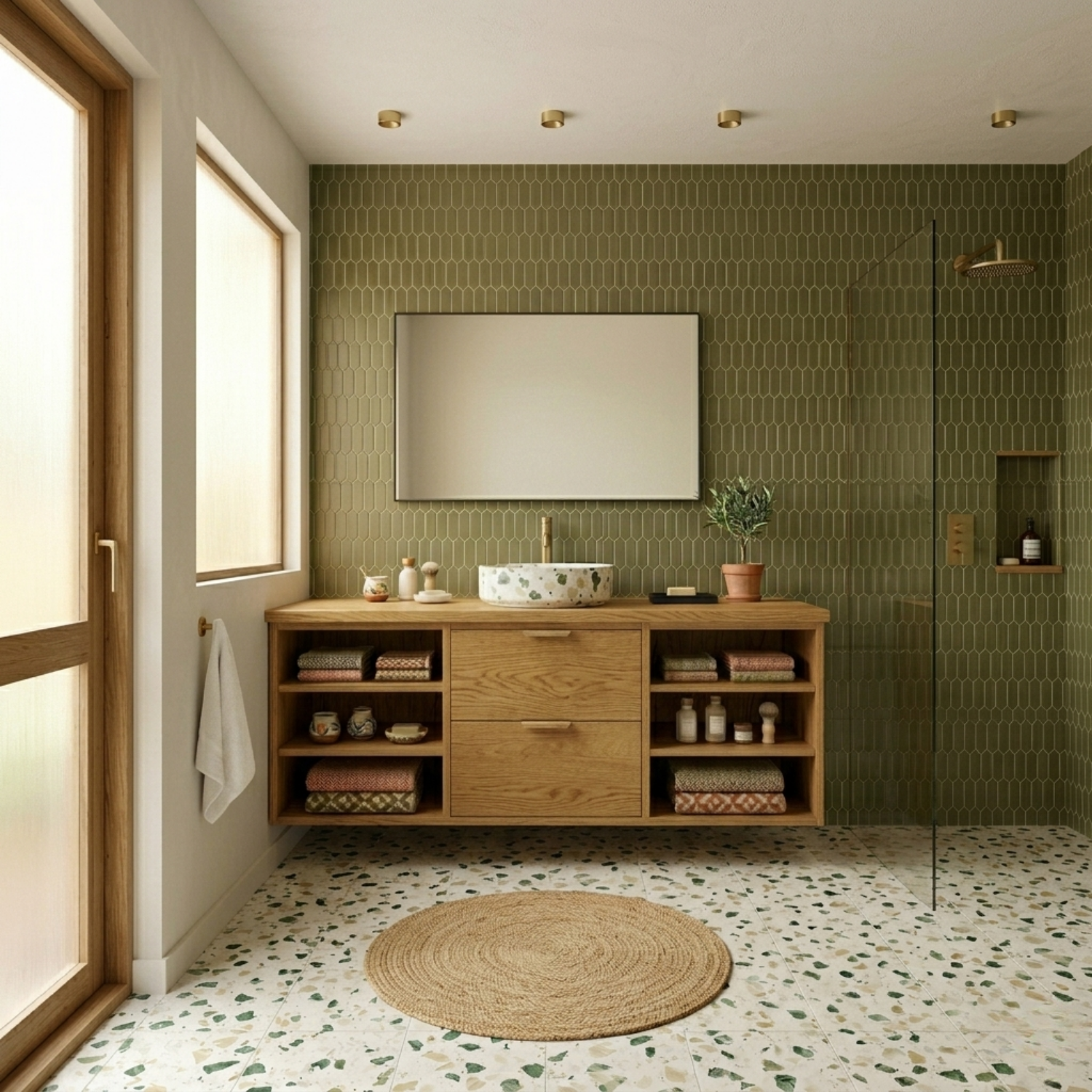 Floating Solid Wood Bathroom Vanity with Open Shelves and Double Drawers
