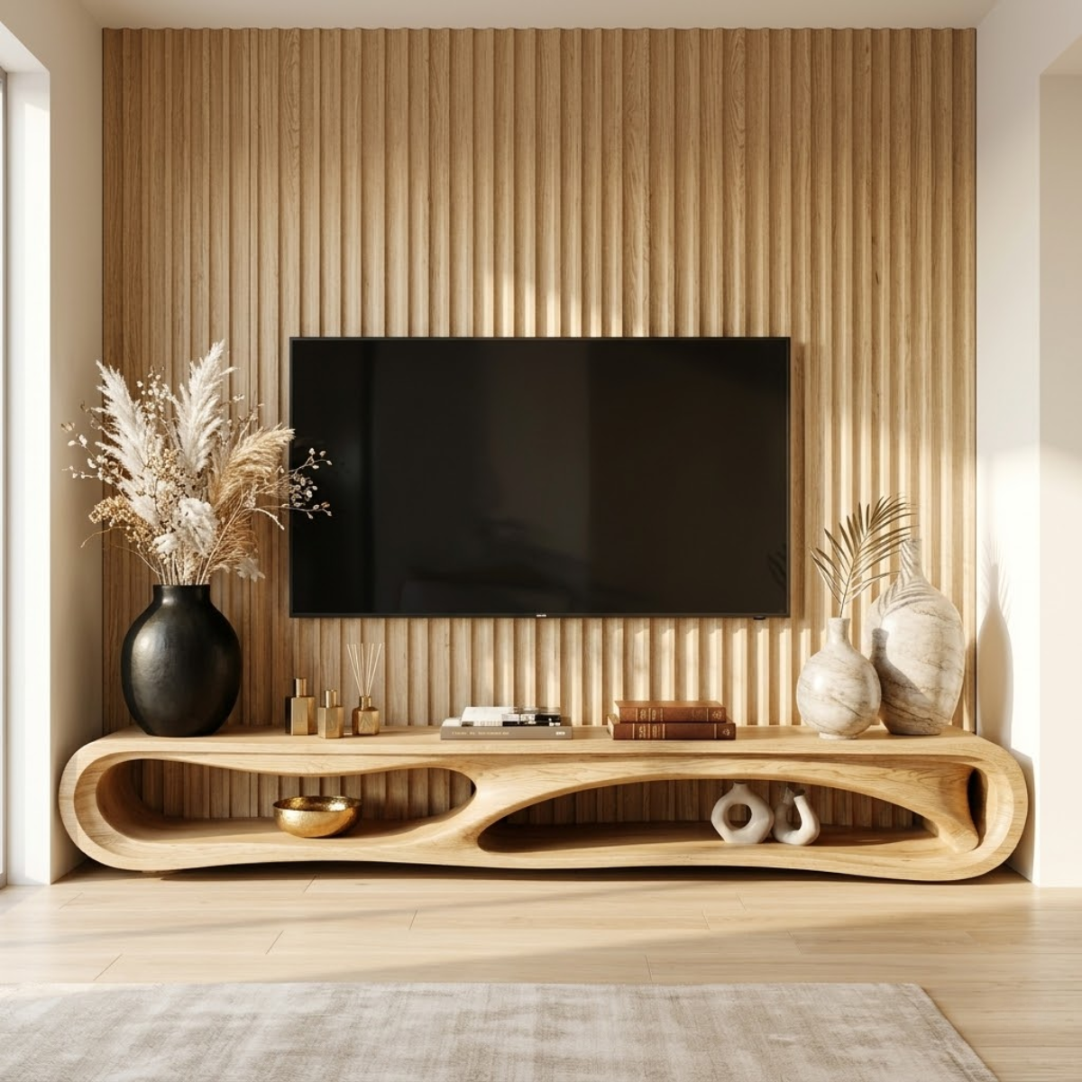 Organic Curved Entertainment Console, Sculptural TV Stand for Luxury Living Rooms