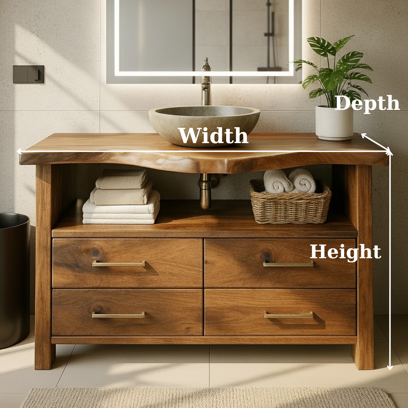 Live Edge Solid Wood Bathroom Vanity with 4 Drawers and Open Storage Shelf for Modern Rustic Interiors