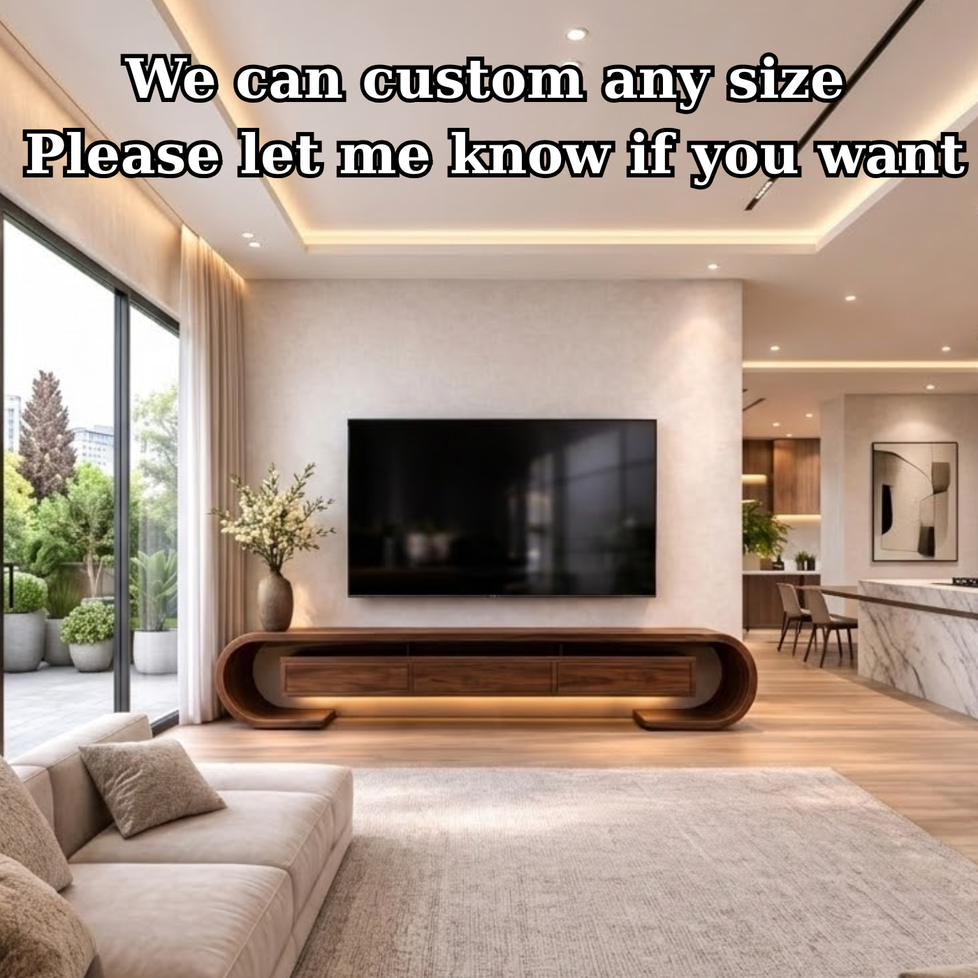 Modern Curved Solid Wood TV Stand – Walnut Floating Media Console with Drawers