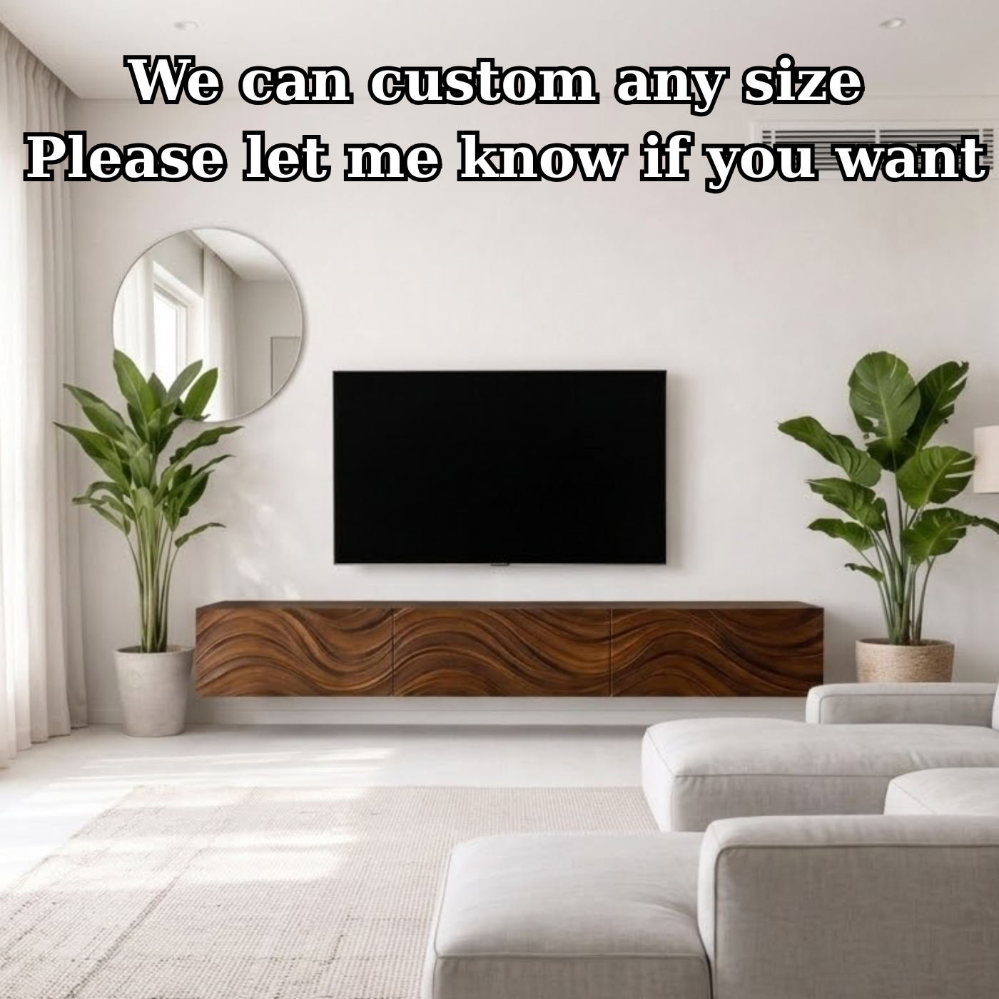Floating Solid Wood TV Stand with Carved Wave Front – Modern Walnut Media Console